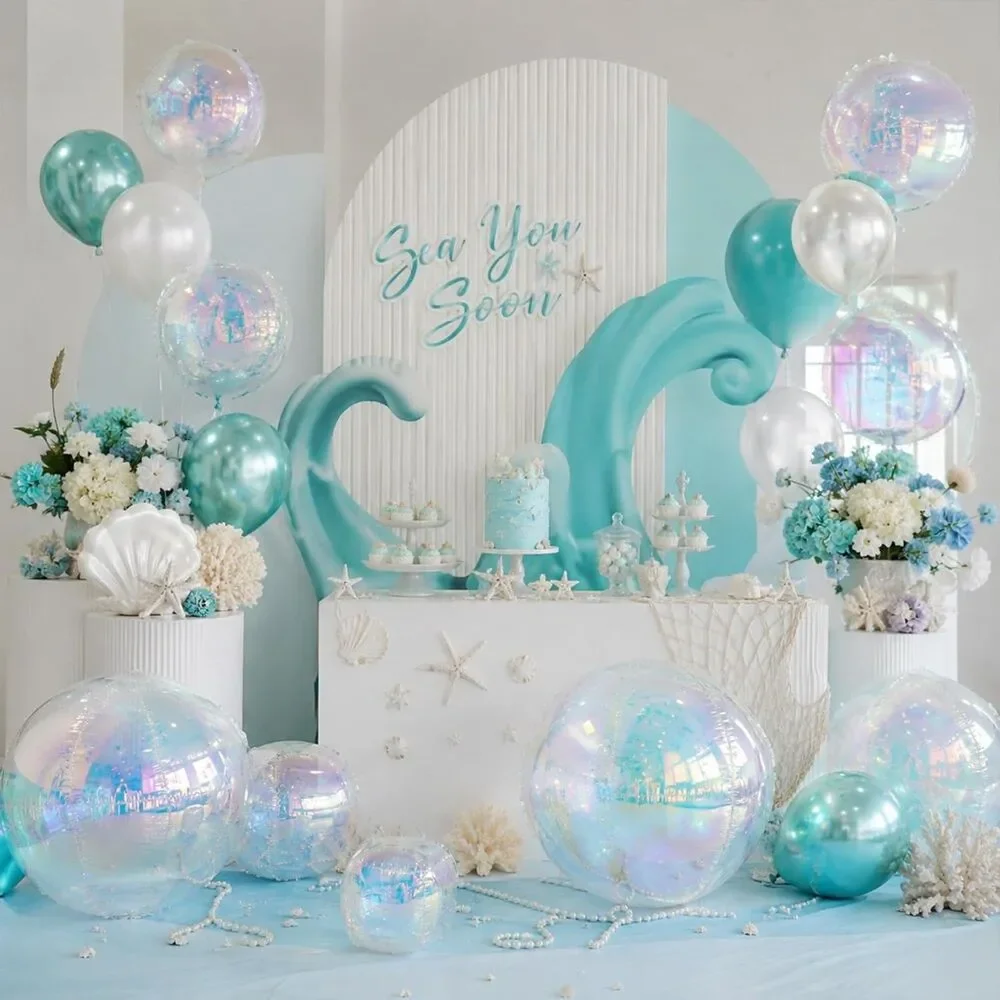 12 Pcs Iridescent 4D Round Foil Balloons Holographic Mermaid Party Decor